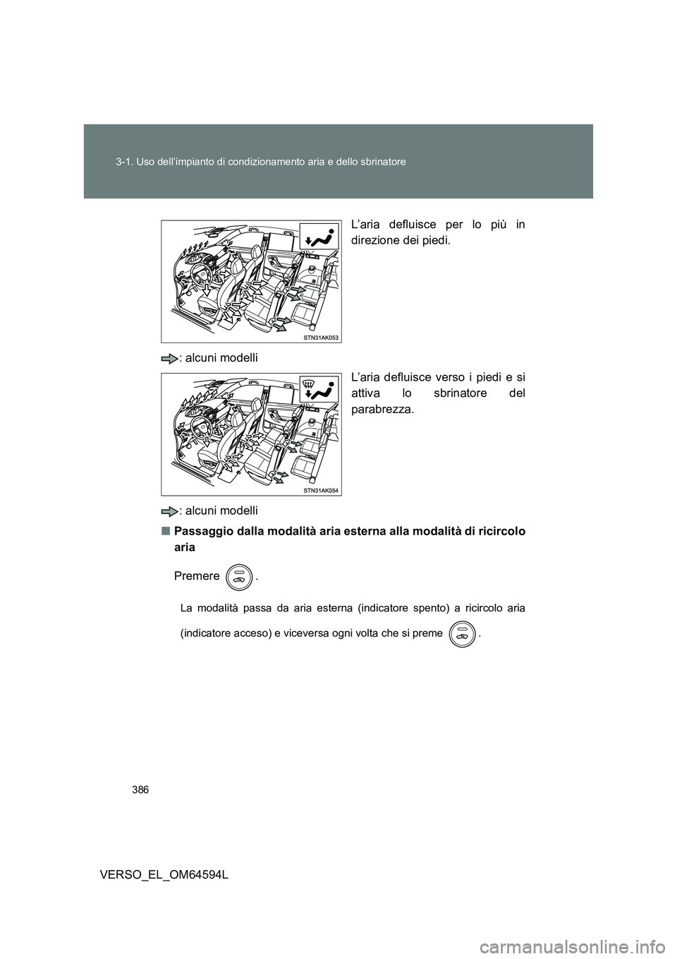 TOYOTA VERSO 2016  Manuale duso (in Italian) 386 
3-1. Uso dell’impianto di condizionamento aria e dello sbrinatore
VERSO_EL_OM64594L 
L’aria defluisce per lo più in 
direzione dei piedi. 
: alcuni modelli 
L’aria defluisce verso i piedi 