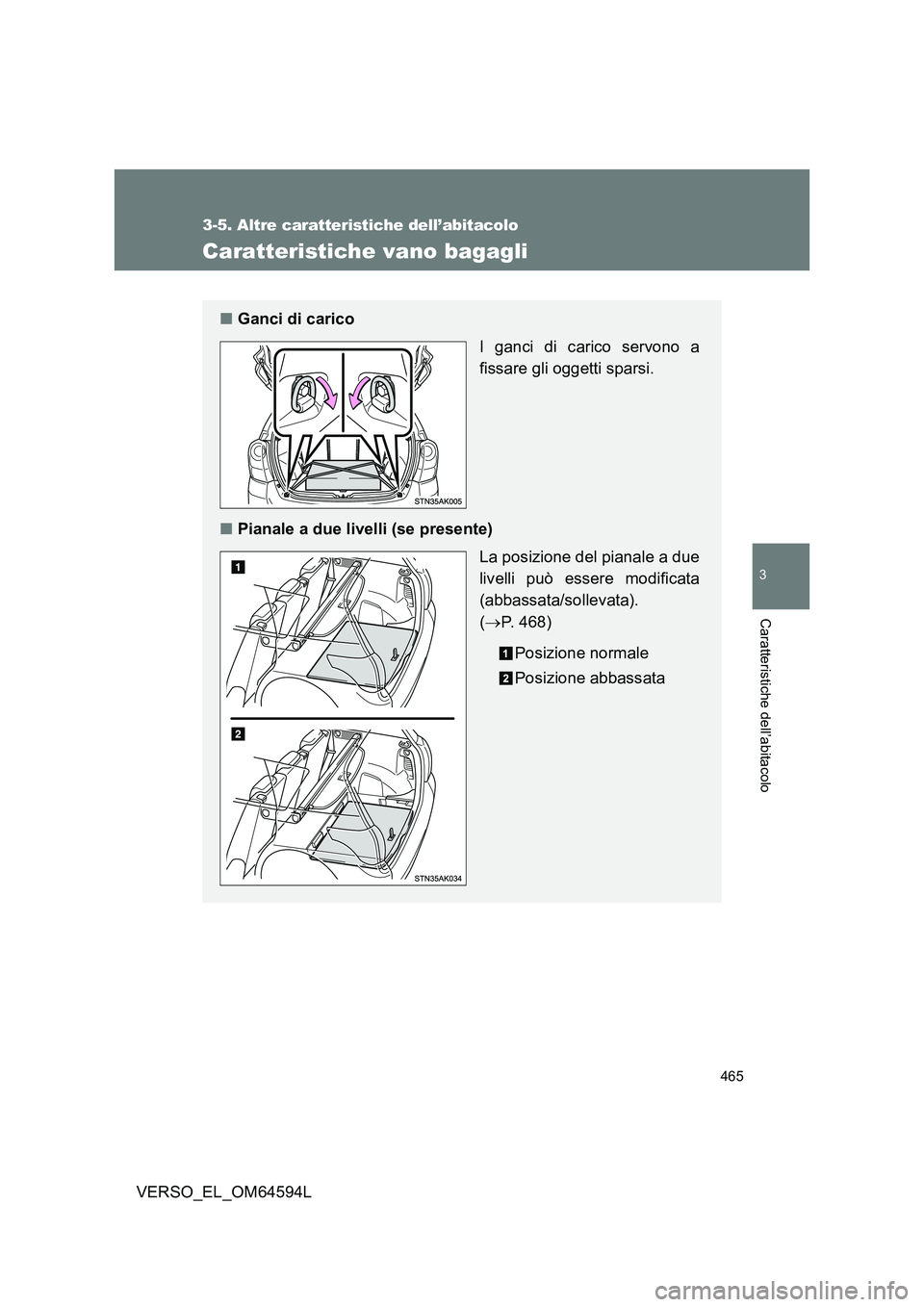 TOYOTA VERSO 2016  Manuale duso (in Italian) 465
3-5. Altre caratteristiche dell’abitacolo
3
Caratteristiche dell’abitacolo
VERSO_EL_OM64594L
Caratteristiche vano bagagli
■Ganci di carico 
I ganci di carico servono a 
fissare gli oggetti s