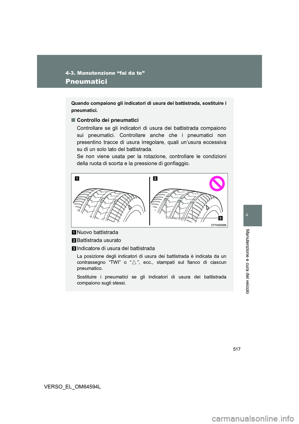 TOYOTA VERSO 2016  Manuale duso (in Italian) 517
4-3. Manutenzione “fai da te”
4
Manutenzione e cura del veicolo
VERSO_EL_OM64594L
Pneumatici
Quando compaiono gli indicatori di usura dei battistrada, sostituire i 
pneumatici.
■ Controllo d