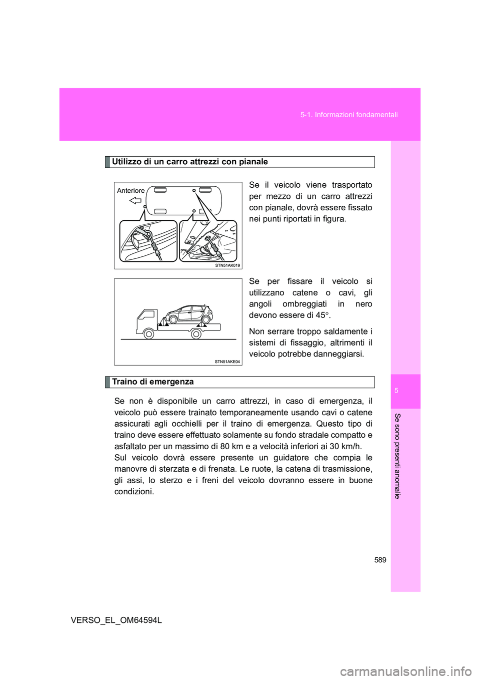 TOYOTA VERSO 2016  Manuale duso (in Italian) 5
589 
5-1. Informazioni fondamentali
Se sono presenti anomalie
VERSO_EL_OM64594L
Utilizzo di un carro attrezzi con pianale 
Se il veicolo viene trasportato 
per mezzo di un carro attrezzi
con pianale