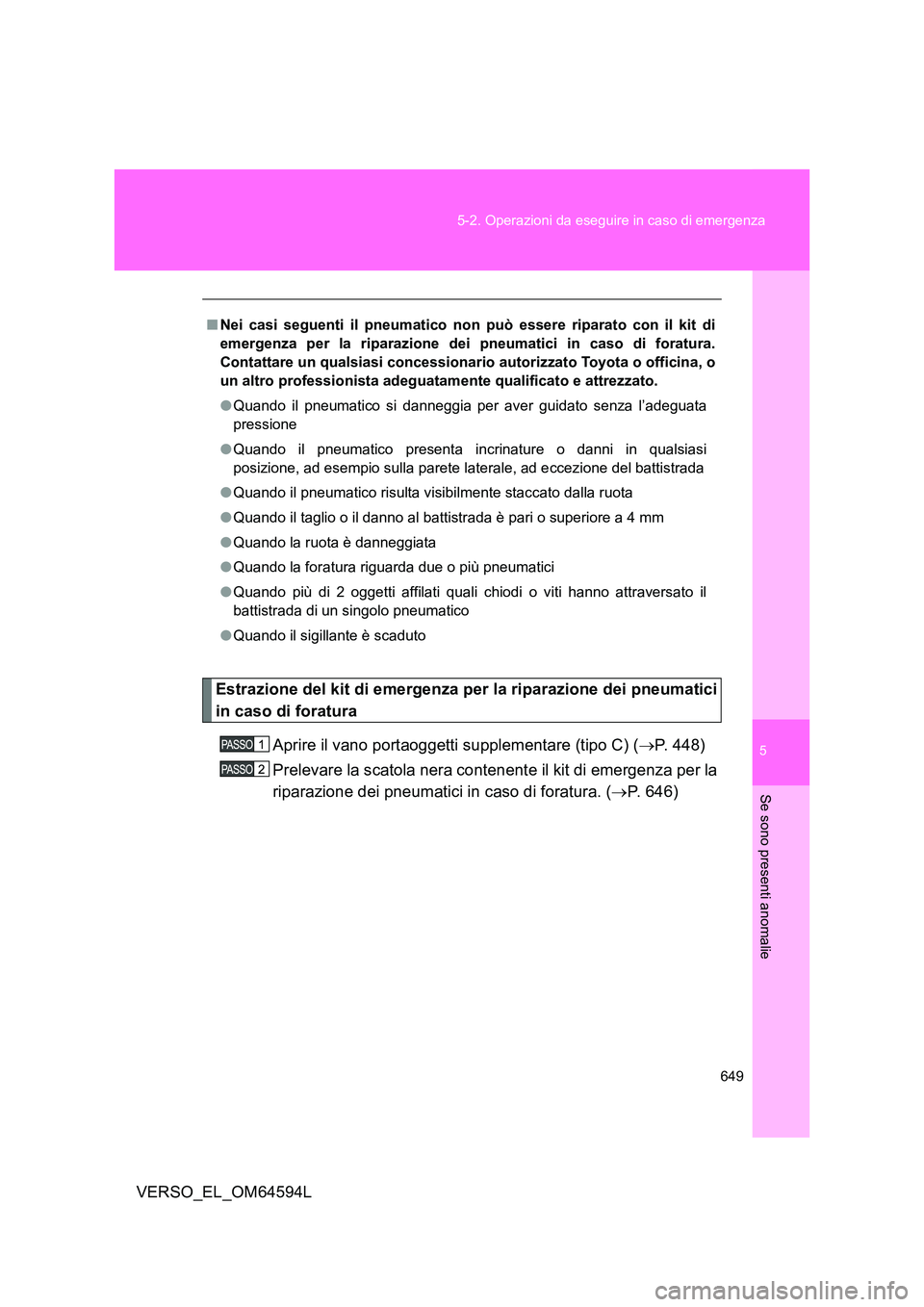 TOYOTA VERSO 2016  Manuale duso (in Italian) 5
649 
5-2. Operazioni da eseguire in caso di emergenza
Se sono presenti anomalie
VERSO_EL_OM64594L
Estrazione del kit di emergenza per la riparazione dei pneumatici 
in caso di foratura 
Aprire il va