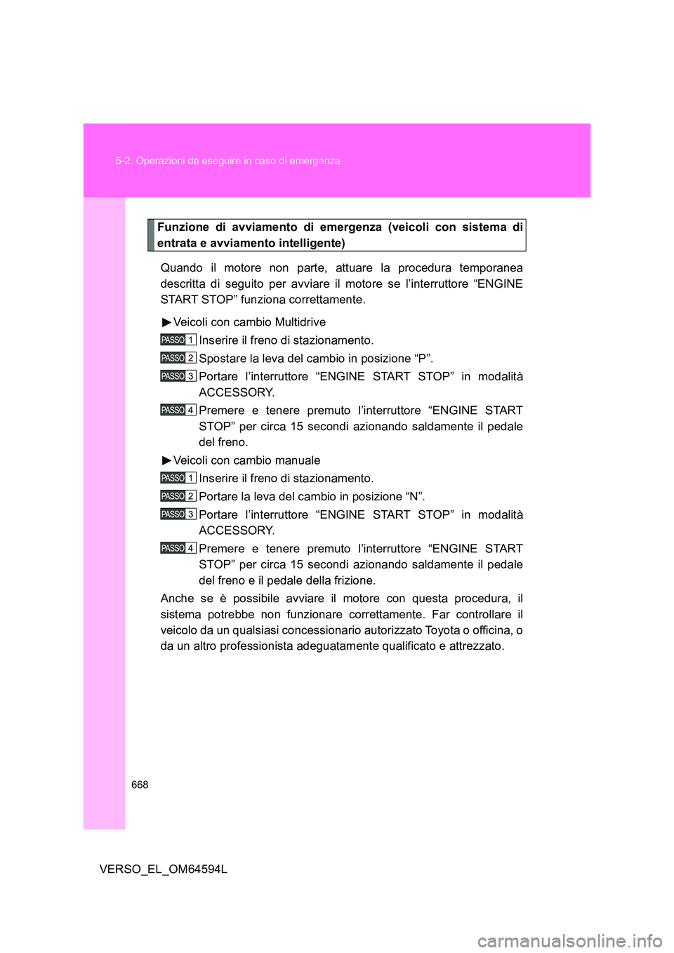 TOYOTA VERSO 2016  Manuale duso (in Italian) 668 
5-2. Operazioni da eseguire in caso di emergenza
VERSO_EL_OM64594L
Funzione di avviamento di emergenza (veicoli con sistema di 
entrata e avviamento intelligente) 
Quando il motore non parte, att