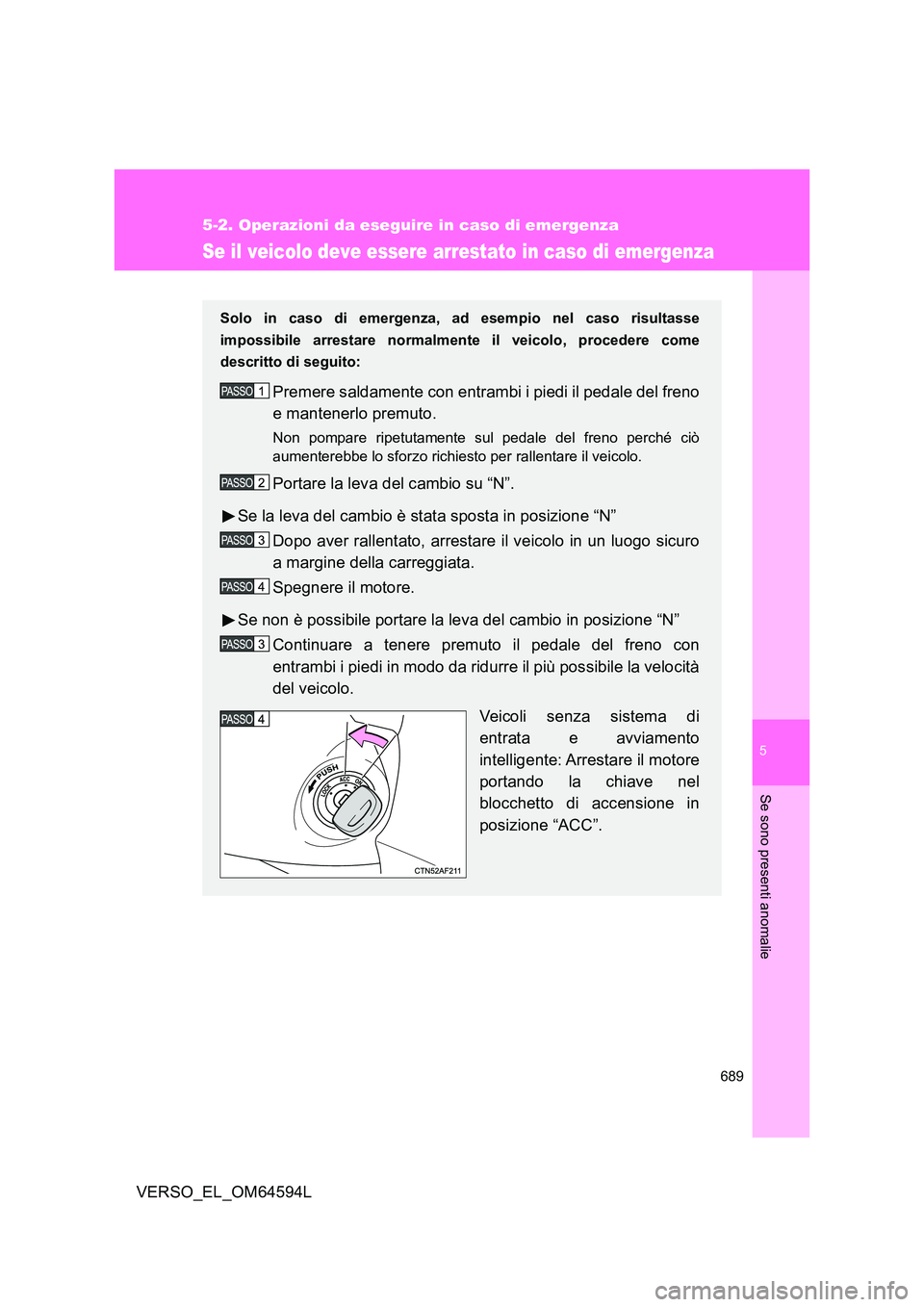 TOYOTA VERSO 2016  Manuale duso (in Italian) 5
689
5-2. Operazioni da eseguire in caso di emergenza
Se sono presenti anomalie
VERSO_EL_OM64594L
Se il veicolo deve essere arrestato in caso di emergenza
Solo in caso di emergenza, ad esempio nel ca
