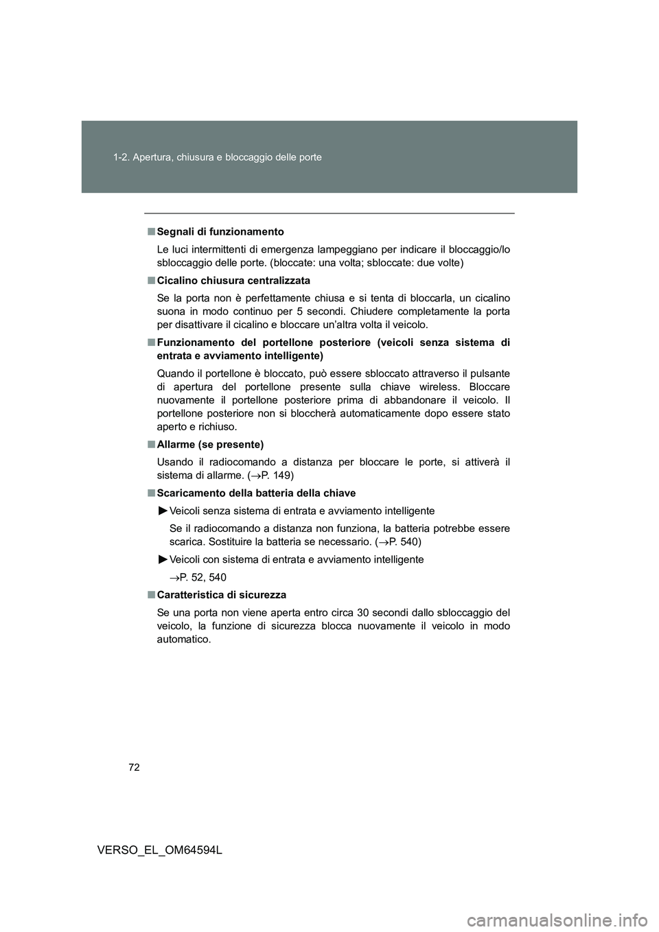 TOYOTA VERSO 2016  Manuale duso (in Italian) 72 
1-2. Apertura, chiusura e bloccaggio delle porte
VERSO_EL_OM64594L
■ Segnali di funzionamento 
Le luci intermittenti di emergenza lampeggiano per indicare il bloccaggio/lo 
sbloccaggio delle por