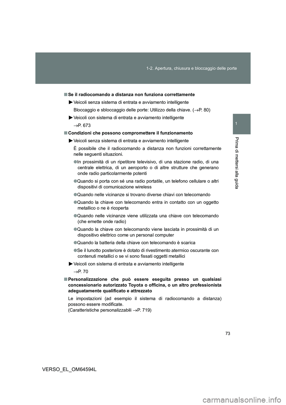 TOYOTA VERSO 2016  Manuale duso (in Italian) 73 
1-2. Apertura, chiusura e bloccaggio delle porte
1
Prima di mettersi alla guida
VERSO_EL_OM64594L
■ Se il radiocomando a distanza non funziona correttamente 
Veicoli senza sistema di entrata e a