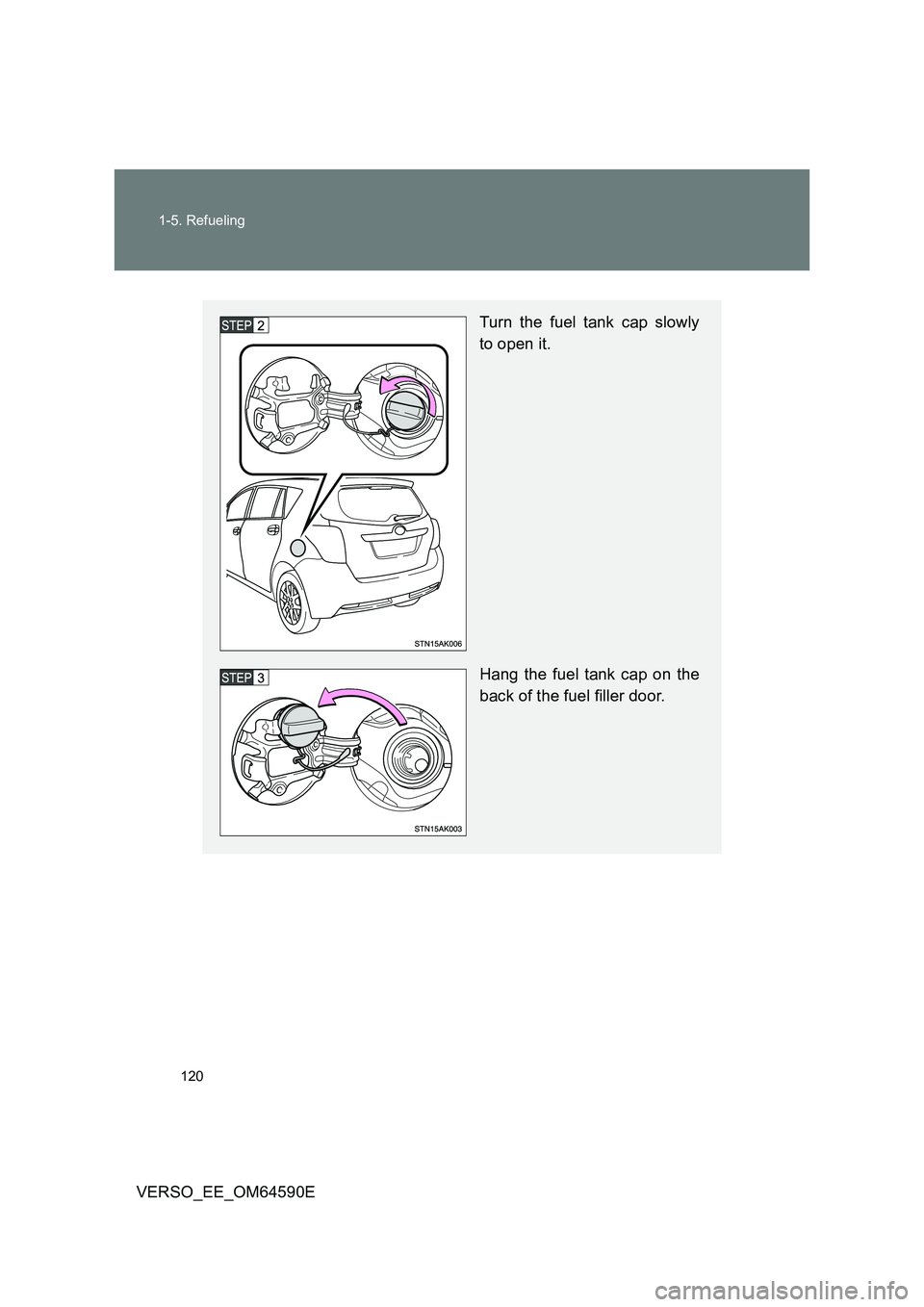 TOYOTA VERSO 2016  Owners Manual 120 
1-5. Refueling
VERSO_EE_OM64590E
Turn the fuel tank cap slowly 
to open it. 
Hang the fuel tank cap on the 
back of the fuel filler door. 