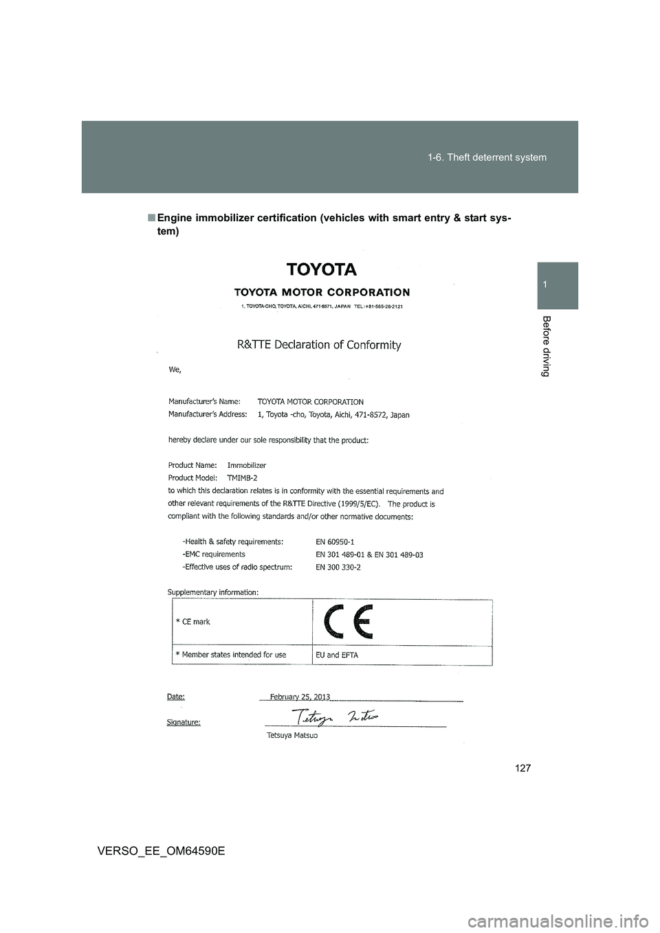 TOYOTA VERSO 2016  Owners Manual 127 
1-6. Theft deterrent system
1
Before driving
VERSO_EE_OM64590E
■ Engine immobilizer certification (vehicles with smart entry & start sys- 
tem) 