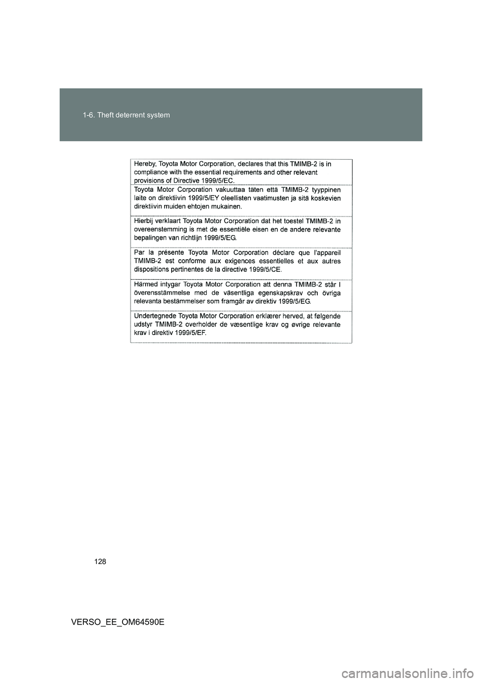 TOYOTA VERSO 2016  Owners Manual 128 
1-6. Theft deterrent system
VERSO_EE_OM64590E 