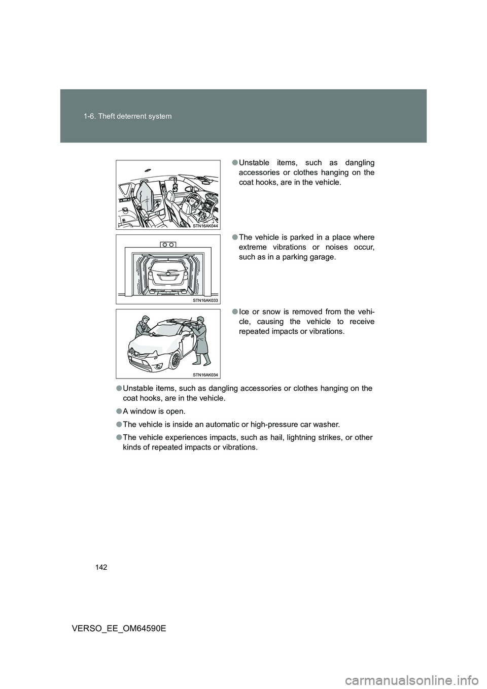 TOYOTA VERSO 2016  Owners Manual 142 
1-6. Theft deterrent system
VERSO_EE_OM64590E
● Unstable items, such as dangling accessories or clothes hanging on the 
coat hooks, are in the vehicle. 
● A window is open. 
● The vehicle i