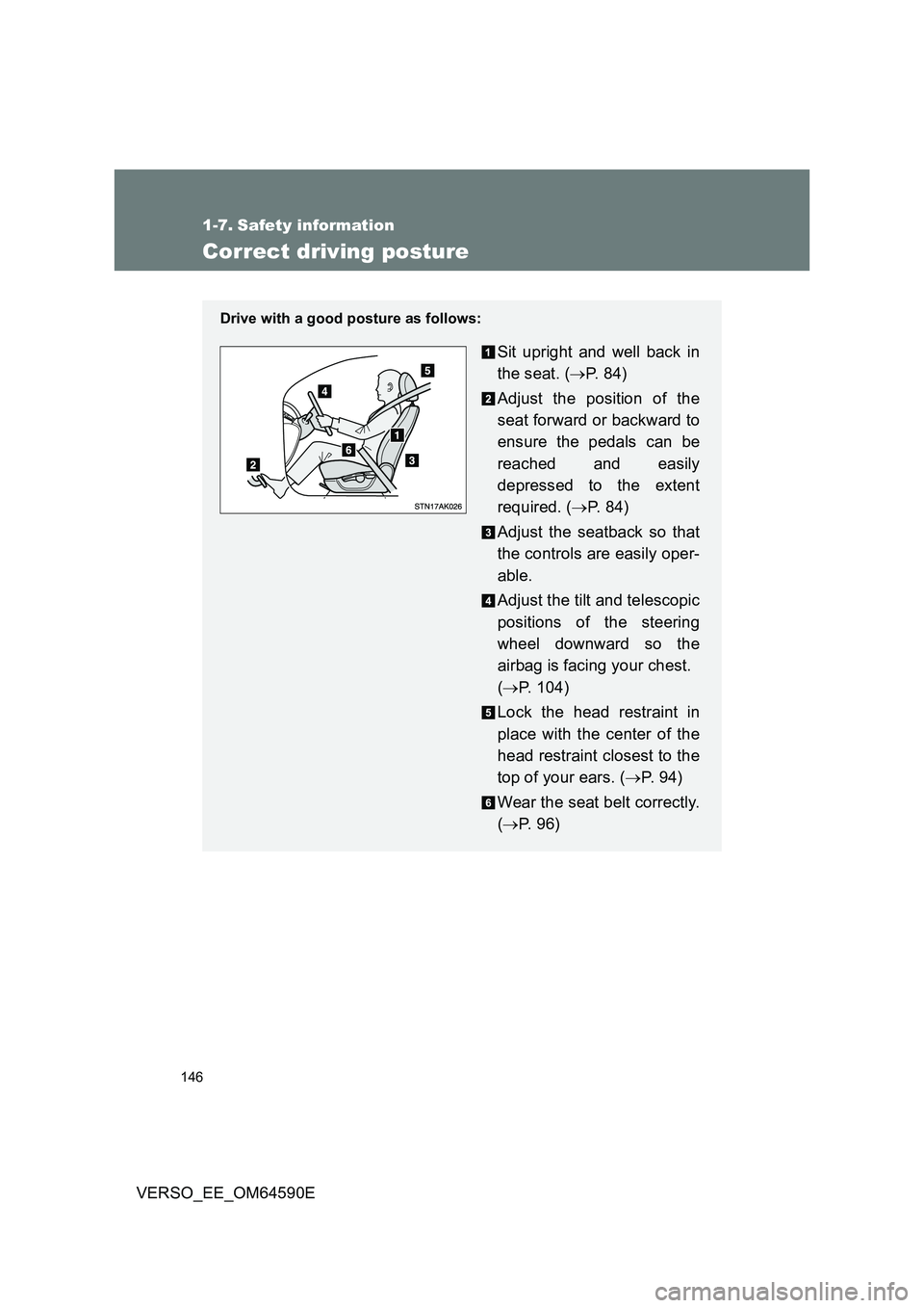 TOYOTA VERSO 2016  Owners Manual 146
VERSO_EE_OM64590E
1-7. Safety information
Correct driving posture
Drive with a good posture as follows:
Sit upright and well back in 
the seat. ( P.  8 4 ) 
Adjust the position of the 
seat for