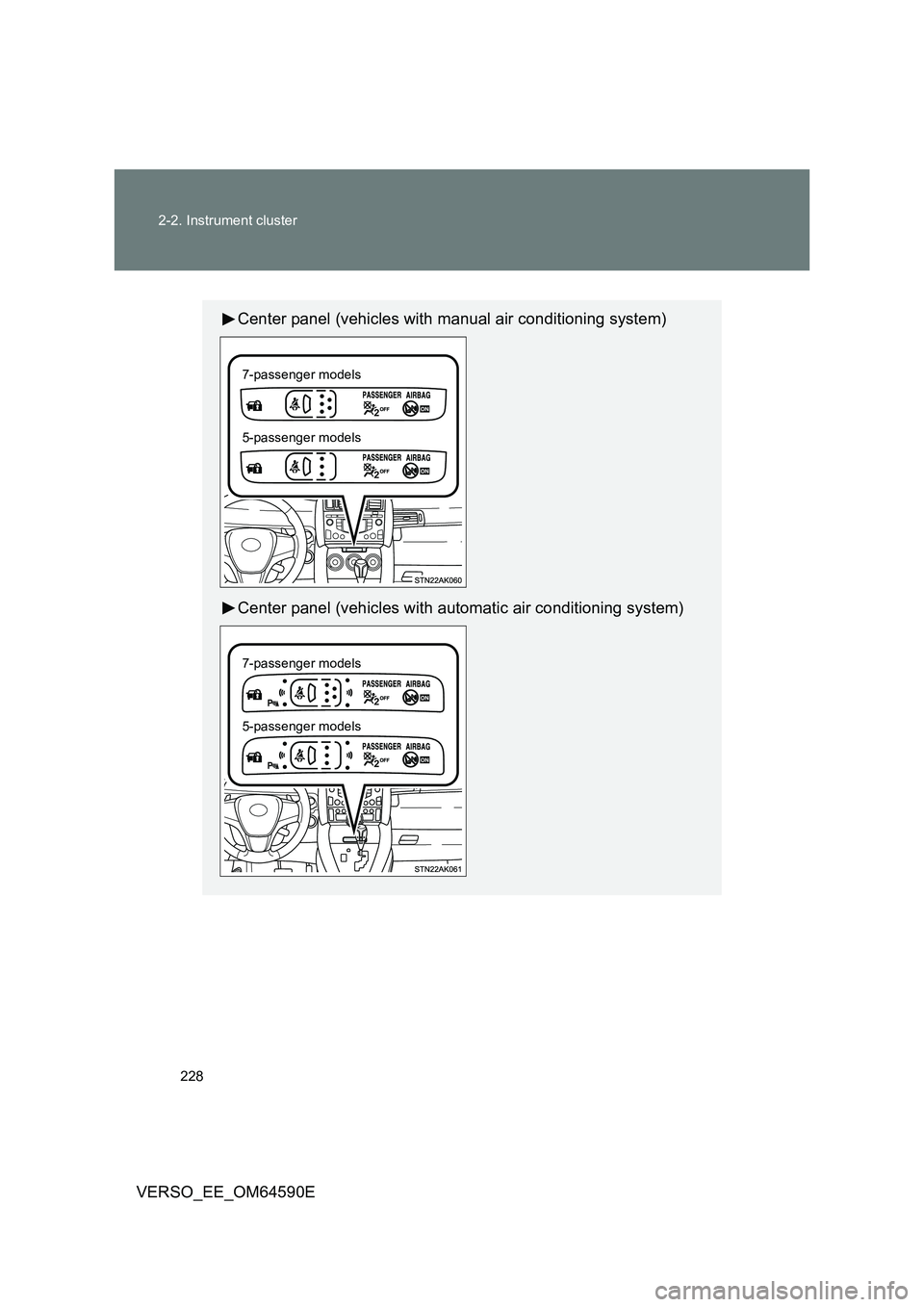 TOYOTA VERSO 2016  Owners Manual 228 
2-2. Instrument cluster
VERSO_EE_OM64590E
Center panel (vehicles with manual air conditioning system) 
Center panel (vehicles with automatic air conditioning system)
7-passenger models 
5-passeng