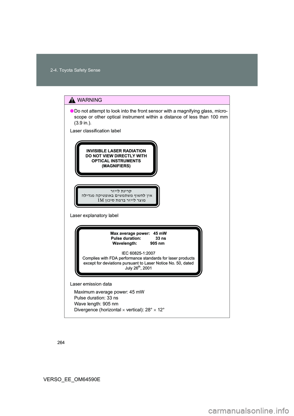 TOYOTA VERSO 2016  Owners Manual 264 
2-4. Toyota Safety Sense
VERSO_EE_OM64590E
WARNING
● Do not attempt to look into the front sensor with a magnifying glass, micro- 
scope or other optical instrument within a distance of less th