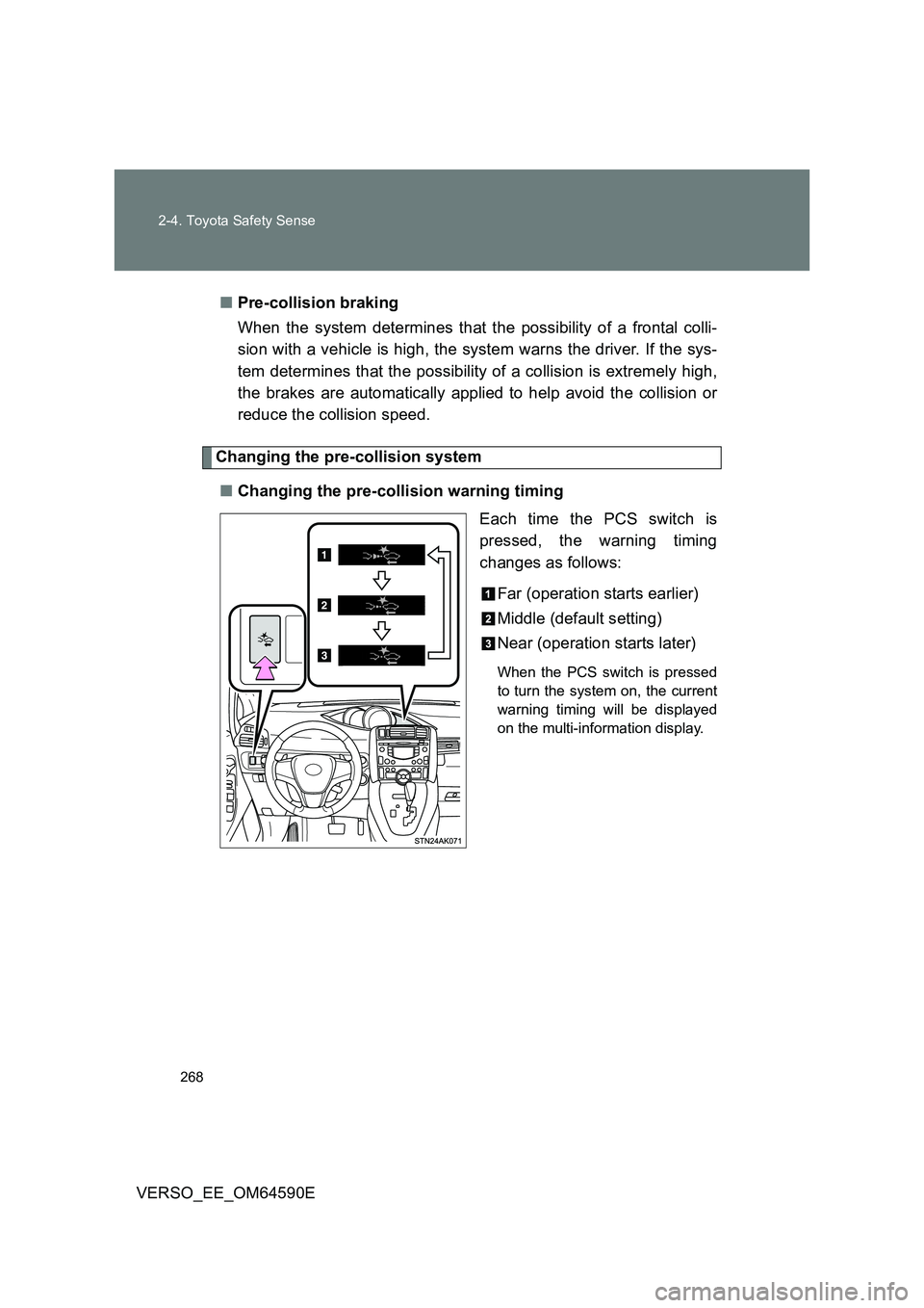TOYOTA VERSO 2016  Owners Manual 268 
2-4. Toyota Safety Sense
VERSO_EE_OM64590E 
■ Pre-collision braking 
When the system determines that the possibility of a frontal colli- 
sion with a vehicle is high, the system warns the drive
