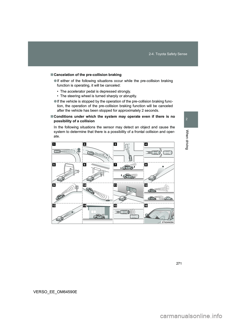 TOYOTA VERSO 2016  Owners Manual 271 
2-4. Toyota Safety Sense
2
When driving
VERSO_EE_OM64590E
■ Cancelation of the pre-collision braking 
● If either of the following situations occur while the pre-collision braking 
function i