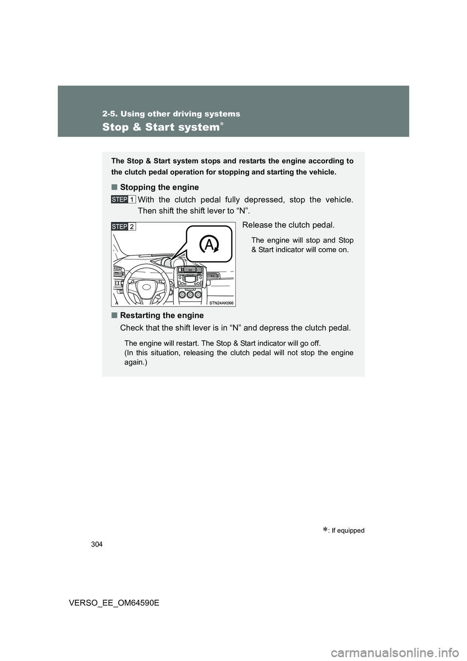 TOYOTA VERSO 2016  Owners Manual 304
2-5. Using other driving systems
VERSO_EE_OM64590E
Stop & Star t system
: If equipped
The Stop & Start system stops and restarts the engine according to 
the clutch pedal operation for st op