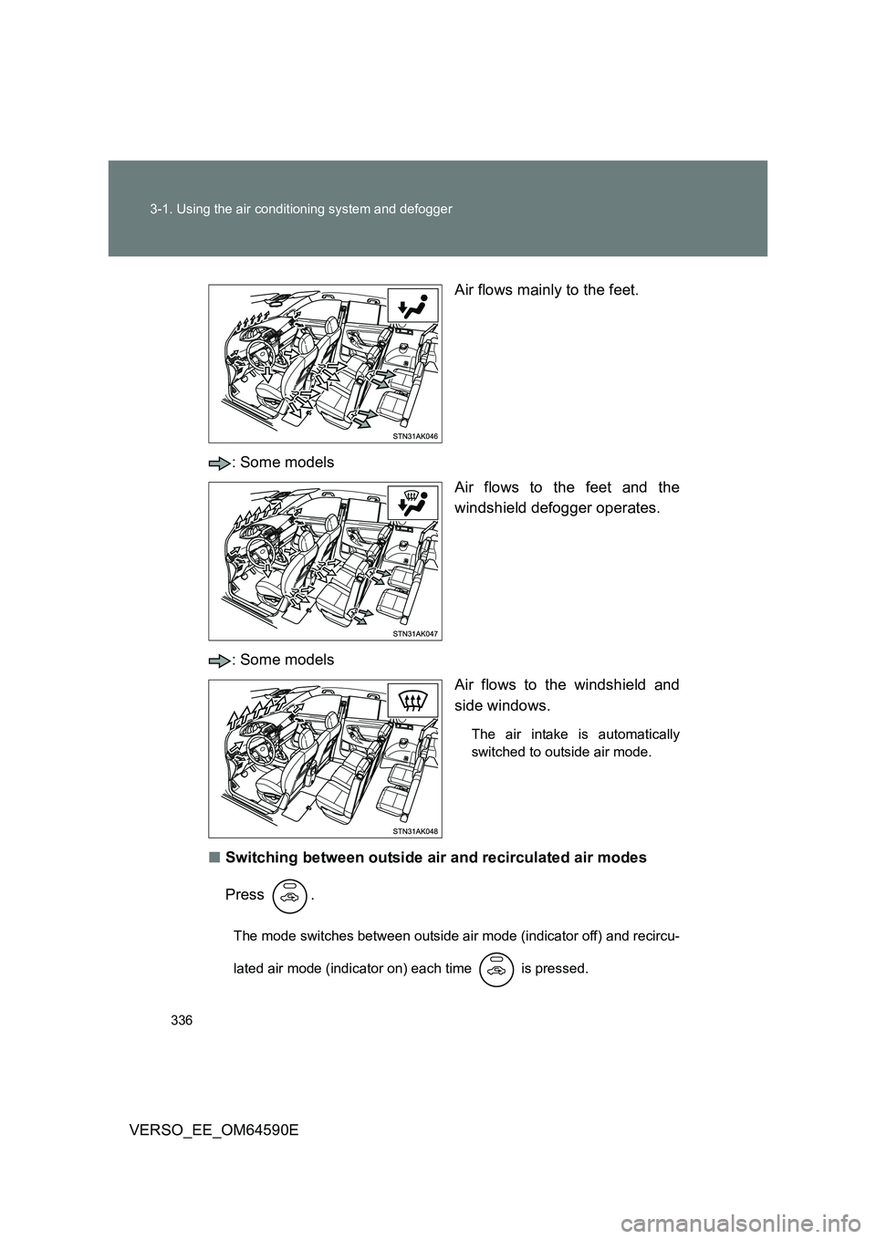 TOYOTA VERSO 2016  Owners Manual 336 
3-1. Using the air conditioning system and defogger
VERSO_EE_OM64590E 
Air flows mainly to the feet. 
: Some models 
Air flows to the feet and the 
windshield defogger operates. 
: Some models 
A