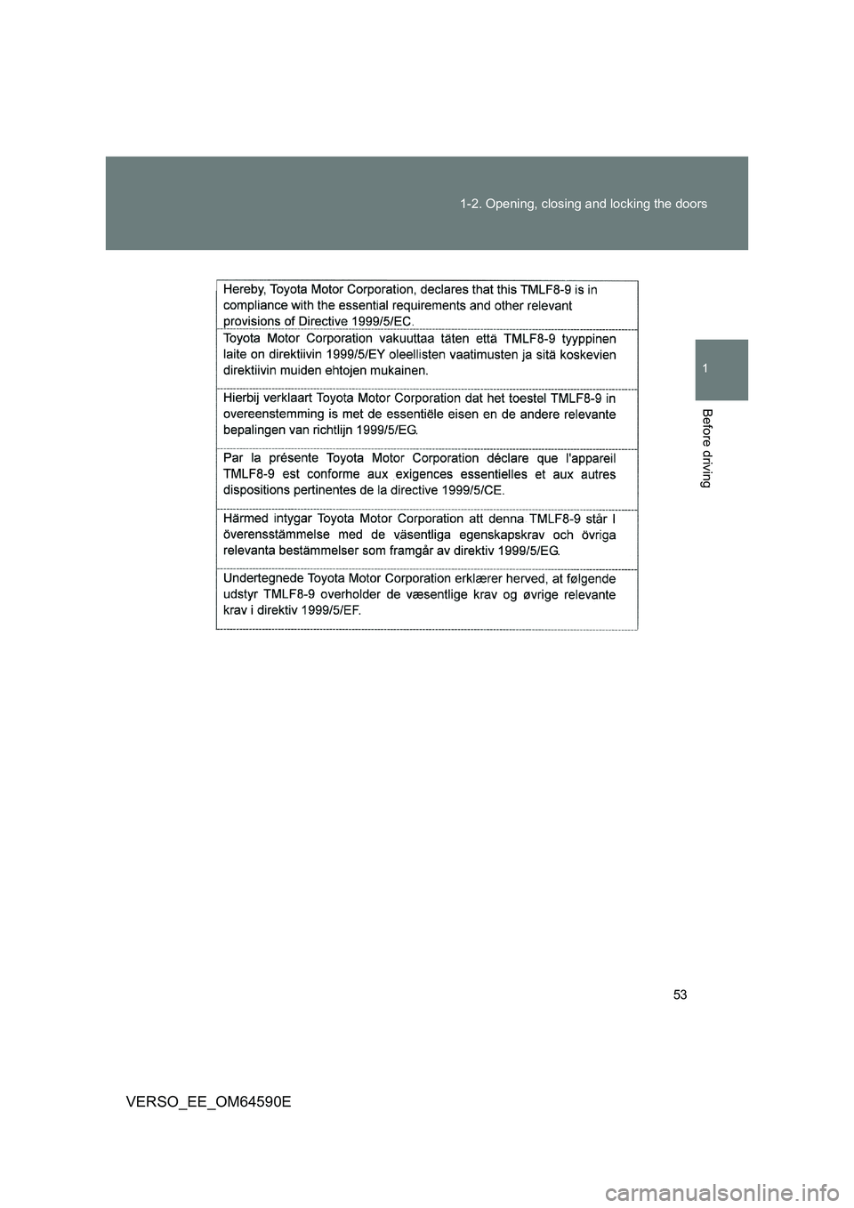 TOYOTA VERSO 2016  Owners Manual 53 
1-2. Opening, closing and locking the doors
1
Before driving
VERSO_EE_OM64590E 