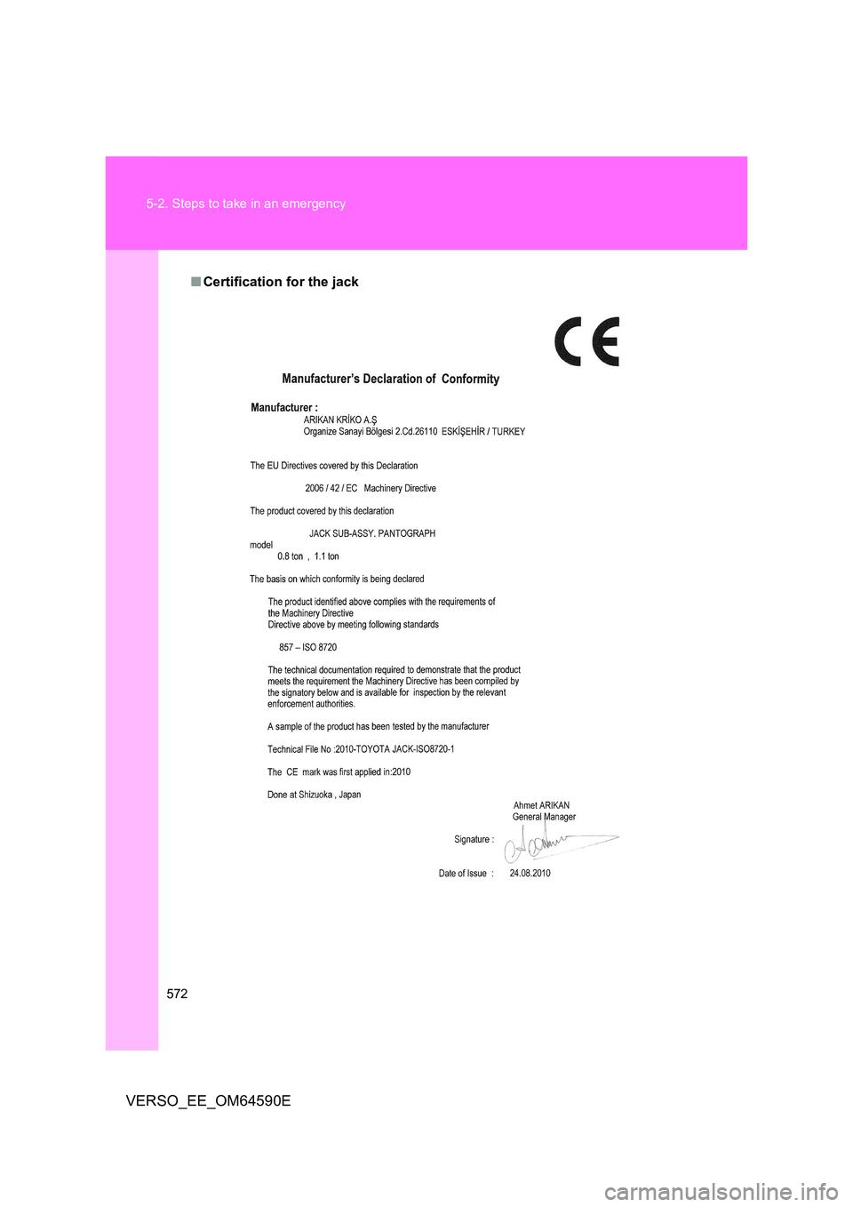 TOYOTA VERSO 2016  Owners Manual 572 
5-2. Steps to take in an emergency
VERSO_EE_OM64590E
■ Certification for the jack 