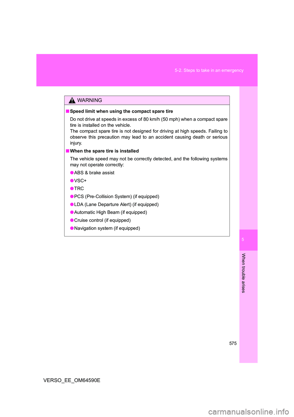 TOYOTA VERSO 2016  Owners Manual 5
575 
5-2. Steps to take in an emergency
When trouble arises
VERSO_EE_OM64590E
WARNING
■ Speed limit when using the compact spare tire 
Do not drive at speeds in excess of 80 km/h (50 mph) when a c