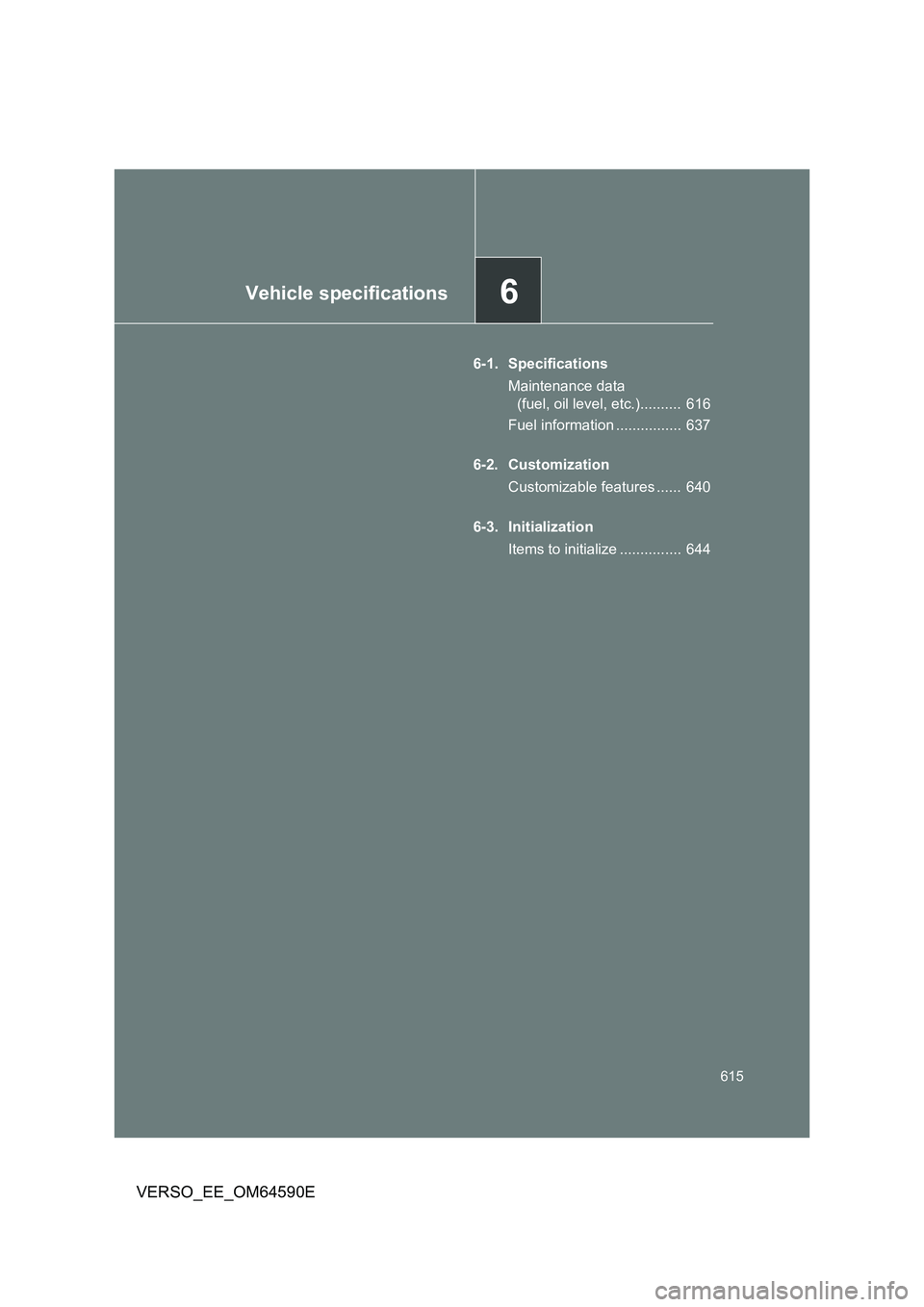 TOYOTA VERSO 2016  Owners Manual 6Vehicle specifications
615
VERSO_EE_OM64590E
6-1. Specifications 
Maintenance data  
(fuel, oil level, etc.)..........  616 
Fuel information ................  637 
6-2. Customization 
Customizable f