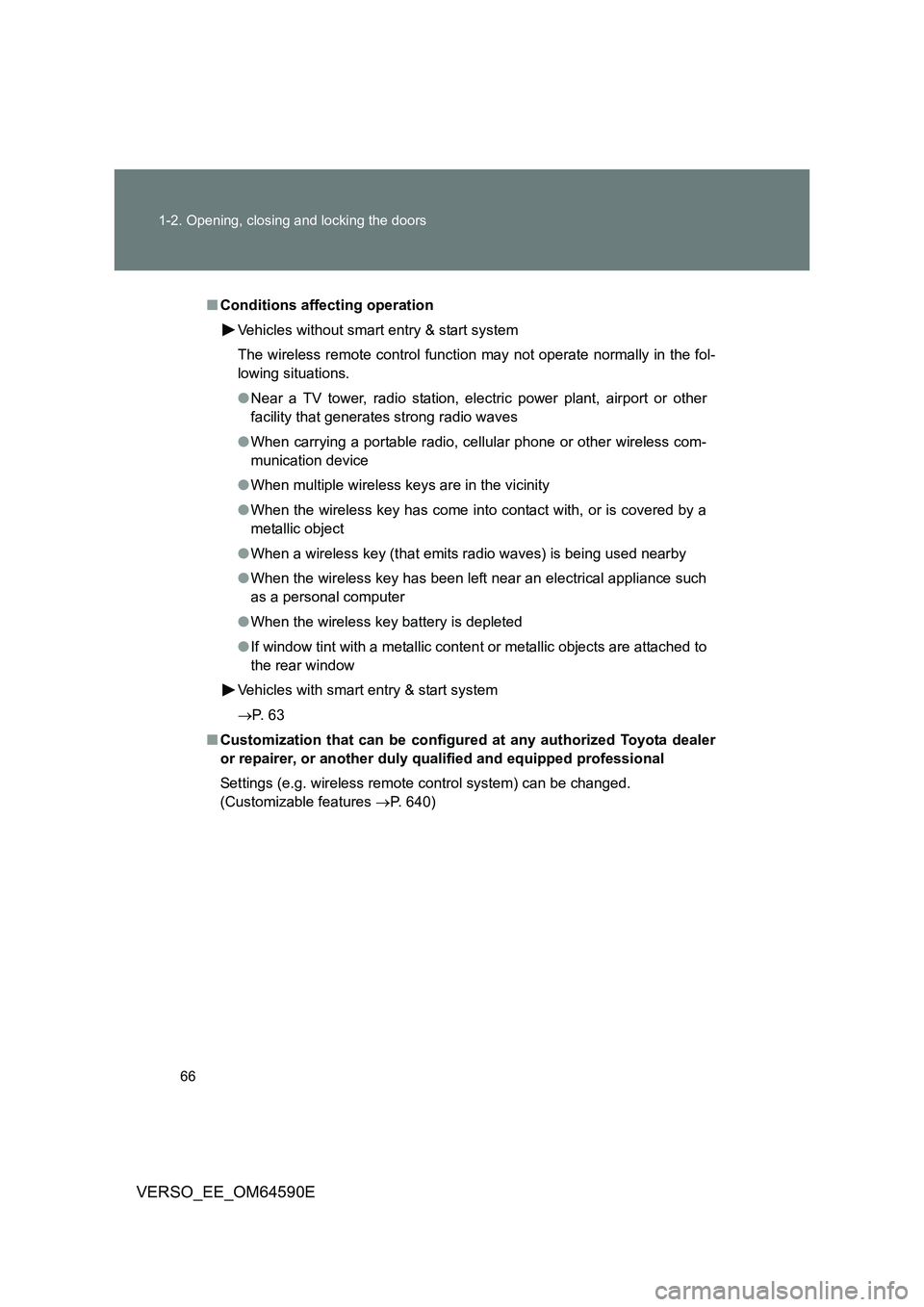 TOYOTA VERSO 2016  Owners Manual 66 
1-2. Opening, closing and locking the doors
VERSO_EE_OM64590E
■ Conditions affecting operation 
Vehicles without smart entry & start system 
The wireless remote control function may not operate 