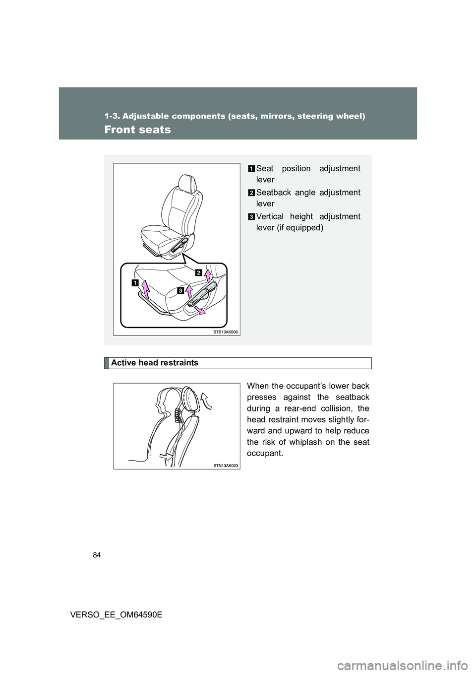 TOYOTA VERSO 2016  Owners Manual 84
VERSO_EE_OM64590E
1-3. Adjustable components (seats, mirrors, steering wheel)
Front seats
Active head restraints 
When the occupant’s lower back 
presses against the seatback
during a rear-end co