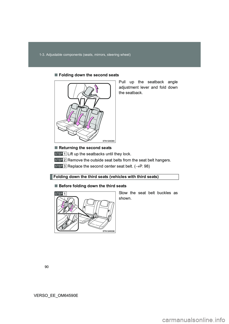 TOYOTA VERSO 2016  Owners Manual 90 
1-3. Adjustable components (seats, mirrors, steering wheel)
VERSO_EE_OM64590E 
■ Folding down the second seats 
Pull up the seatback angle 
adjustment lever and fold down
the seatback. 
■ Retu