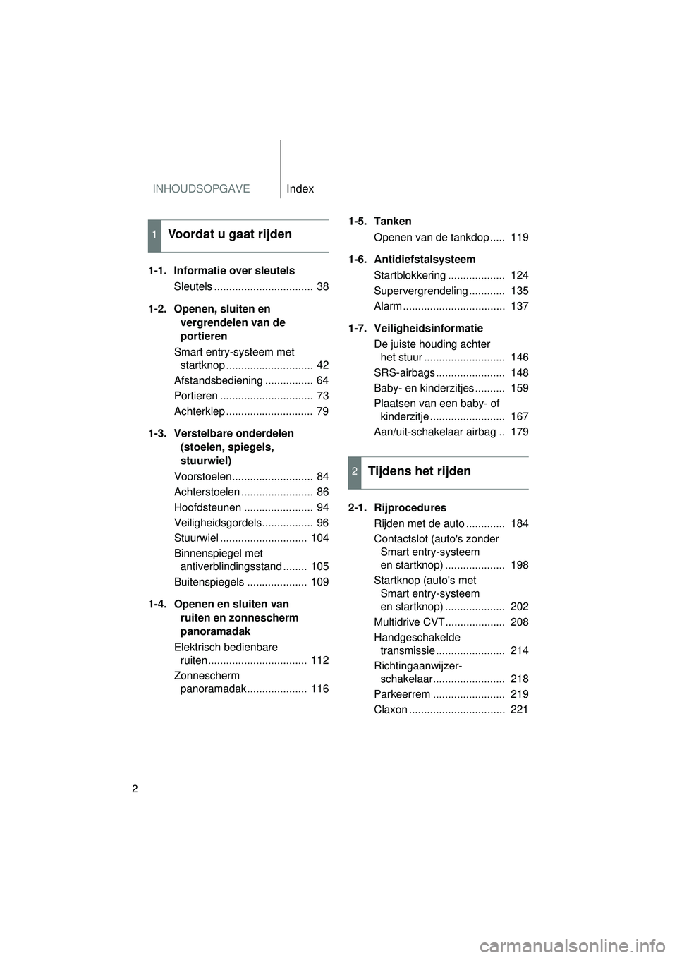 TOYOTA VERSO 2016  Instructieboekje (in Dutch) INHOUDSOPGAVEIndex
2
VERSO_EE_OM64590E
1-1. Informatie over sleutelsSleutels .................................  38
1-2. Openen, sluiten en  vergrendelen van de 
portieren
Smart entry-systeem met  star