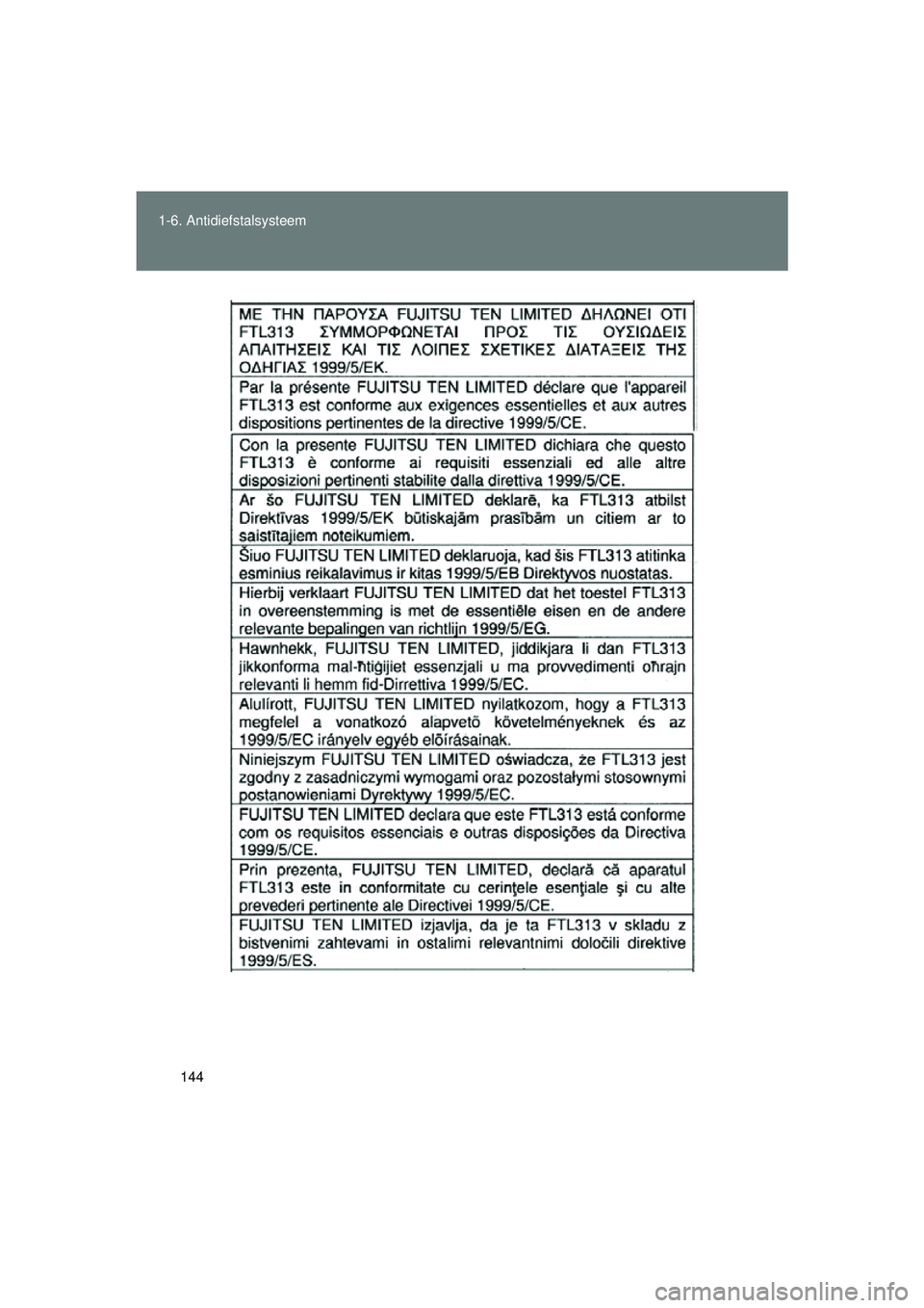 TOYOTA VERSO 2016  Instructieboekje (in Dutch) 144
1-6. Antidiefstalsysteem
VERSO_EE_OM64590E
VERSO_OM_Europe_OM64590E.book  Page 144  Thursday, November 19, 2015  3:49 PM 