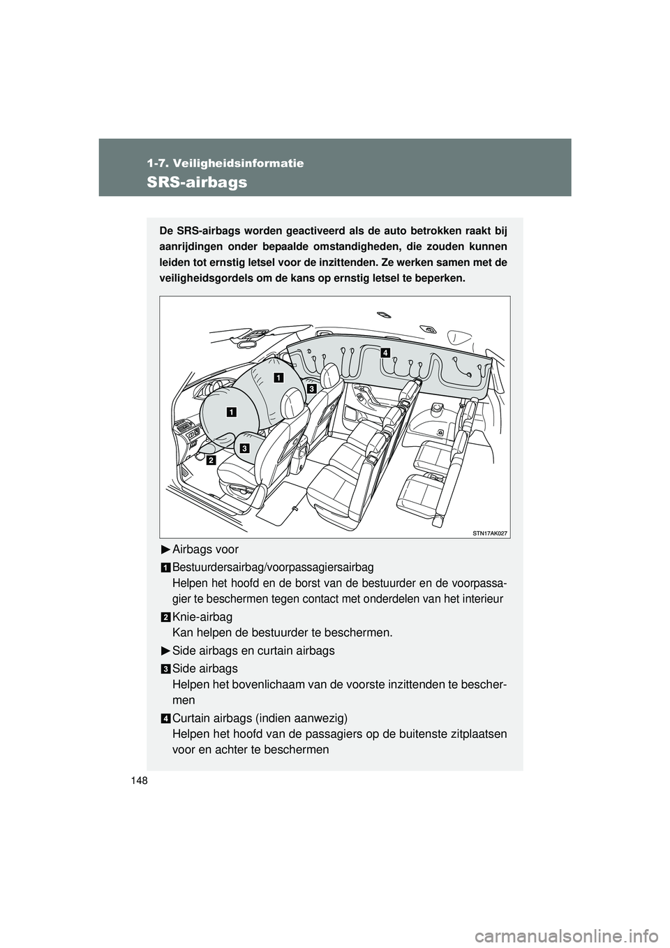 TOYOTA VERSO 2016  Instructieboekje (in Dutch) 148
1-7. Veiligheidsinformatie
VERSO_EE_OM64590E
SRS-airbags
De SRS-airbags worden geactiveerd als de auto betrokken raakt bij
aanrijdingen onder bepaalde omst andigheden, die zouden kunnen
leiden tot