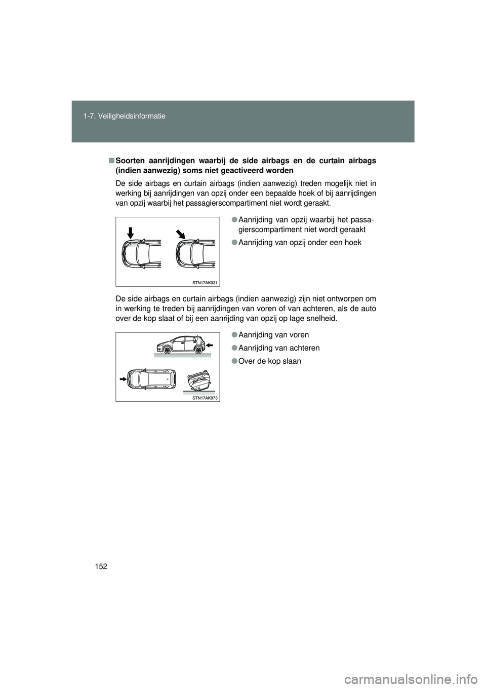 TOYOTA VERSO 2016  Instructieboekje (in Dutch) 152
1-7. Veiligheidsinformatie
VERSO_EE_OM64590E
■
Soorten aanrijdingen waarbij de side  airbags en de curtain airbags
(indien aanwezig) soms  niet geactiveerd worden
De side airbags en curtain airb