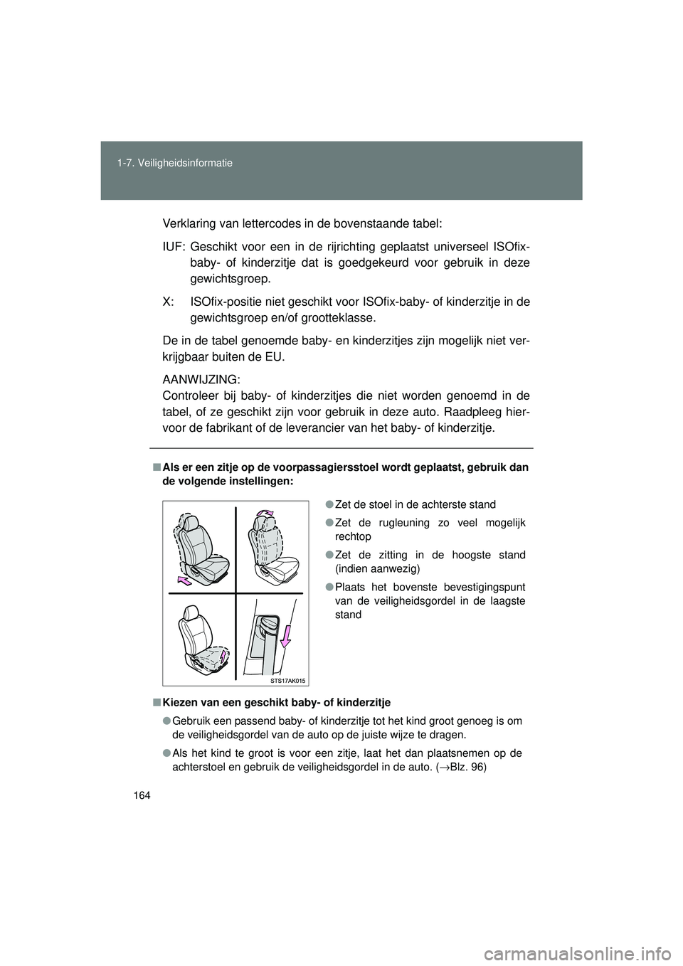 TOYOTA VERSO 2016  Instructieboekje (in Dutch) 164
1-7. Veiligheidsinformatie
VERSO_EE_OM64590E
Verklaring van lettercodes in de bovenstaande tabel:
IUF: Geschikt voor een in de rijric
hting geplaatst universeel ISOfix-
baby- of kinderzitje dat is