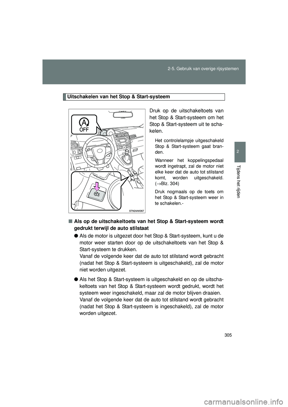 TOYOTA VERSO 2016  Instructieboekje (in Dutch) 305
2-5. Gebruik van overige rijsystemen
2
Tijdens het rijden
VERSO_EE_OM64590E
Uitschakelen van het Stop & Start-systeem
Druk op de uitschakeltoets van
het Stop & Start-systeem om het
Stop & Start-sy