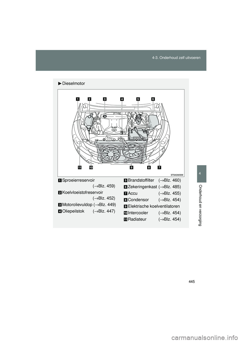 TOYOTA VERSO 2016  Instructieboekje (in Dutch) 445
4-3. Onderhoud zelf uitvoeren
4
Onderhoud en verzorging
VERSO_EE_OM64590E
Dieselmotor
Sproeierreservoir
(→ Blz. 459)
Koelvloeistofreservoir  (→ Blz. 452)
Motorolievuldop ( →Blz. 449)
Oliepei
