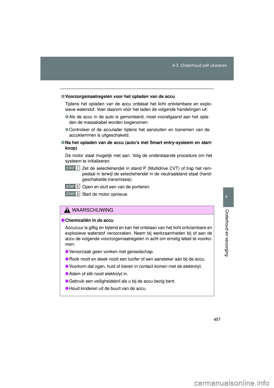 TOYOTA VERSO 2016  Instructieboekje (in Dutch) 457
4-3. Onderhoud zelf uitvoeren
4
Onderhoud en verzorging
VERSO_EE_OM64590E
■
Voorzorgsmaatregelen voor het opladen van de accu
Tijdens het opladen van de accu ontstaat het licht ontvlambare en ex