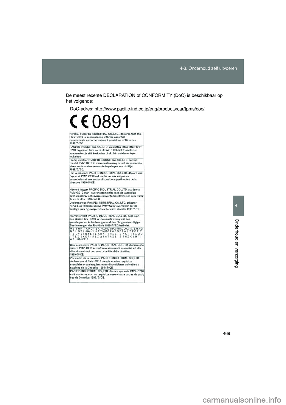 TOYOTA VERSO 2016  Instructieboekje (in Dutch) 469
4-3. Onderhoud zelf uitvoeren
4
Onderhoud en verzorging
VERSO_EE_OM64590E
De meest recente DECLARATION of CONFORMITY (DoC) is beschikbaar op
het volgende:
DoC-adres: http://www.pacific-ind.co.jp/e
