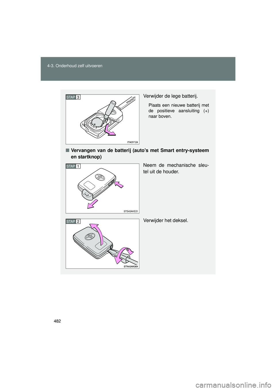 TOYOTA VERSO 2016  Instructieboekje (in Dutch) 482
4-3. Onderhoud zelf uitvoeren
VERSO_EE_OM64590E
Verwijder de lege batterij.
Plaats een nieuwe batterij met
de positieve aansluiting (+)
naar boven.
■
Vervangen van de batterij (autos met Smart 