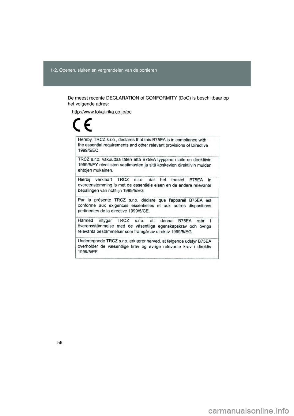 TOYOTA VERSO 2016  Instructieboekje (in Dutch) 56
1-2. Openen, sluiten en vergrendelen van de portieren
VERSO_EE_OM64590E
De meest recente DECLARATION of CONFORMITY (DoC) is beschikbaar op
het volgende adres:
http://www.tokai-rika.co.jp/pc
VERSO_O