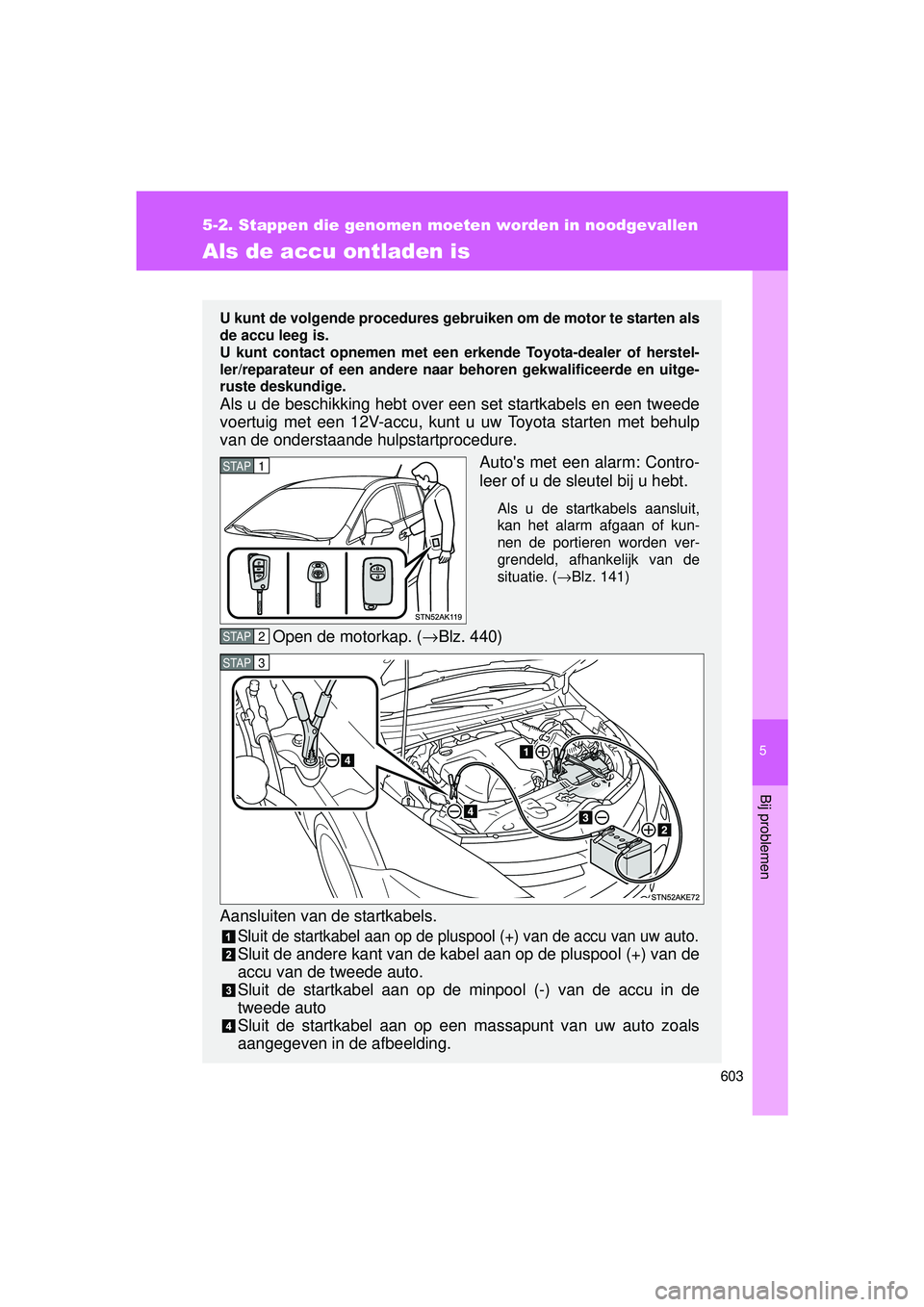TOYOTA VERSO 2016 Instructieboekje (in Dutch) 5
603
5-2. Stappen die genomen moeten worden in noodgevallen
Bij problemen
VERSO_EE_OM64590E
Als de accu ontladen is
U kunt de volgende procedures gebruiken om de motor te starten als
de accu leeg is. TOYOTA VERSO 2016 Instructieboekje (in Dutch) 5
603
5-2. Stappen die genomen moeten worden in noodgevallen
Bij problemen
VERSO_EE_OM64590E
Als de accu ontladen is
U kunt de volgende procedures gebruiken om de motor te starten als
de accu leeg is.