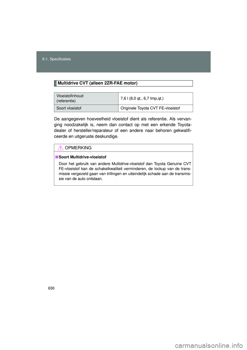 TOYOTA VERSO 2016  Instructieboekje (in Dutch) 630
6-1. Specificaties
VERSO_EE_OM64590E
Multidrive CVT (alleen 2ZR-FAE motor)
De aangegeven hoeveelheid vloeistof dient als referentie. Als vervan-
ging noodzakelijk is, neem dan contact op me t een 