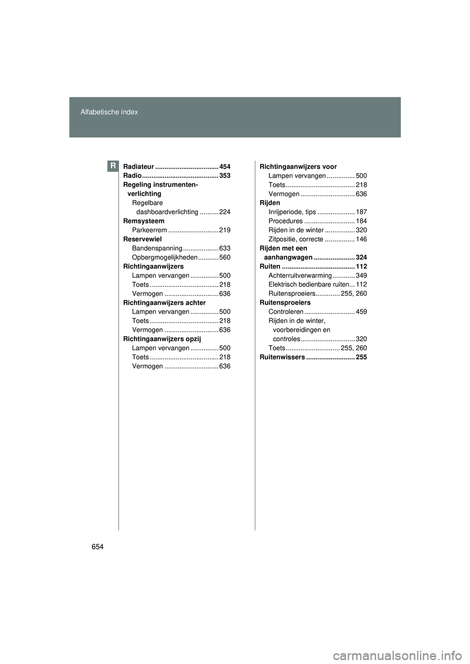 TOYOTA VERSO 2016  Instructieboekje (in Dutch) 654
Alfabetische index
VERSO_EE_OM64590E
Radiateur .................................. 454
Radio ......................................... 353
Regeling instrumenten-
verlichting Regelbare 
dashboardver