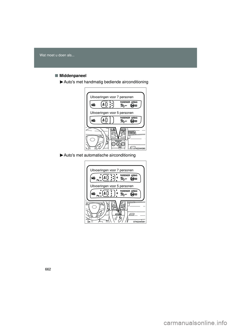 TOYOTA VERSO 2016  Instructieboekje (in Dutch) 662
Wat moet u doen als...
VERSO_EE_OM64590E
■
Middenpaneel
Autos met handmatig bediende airconditioning
Autos met automatische airconditioning
Uitvoeringen voor 7 personen
Uitvoeringen voor 5 per