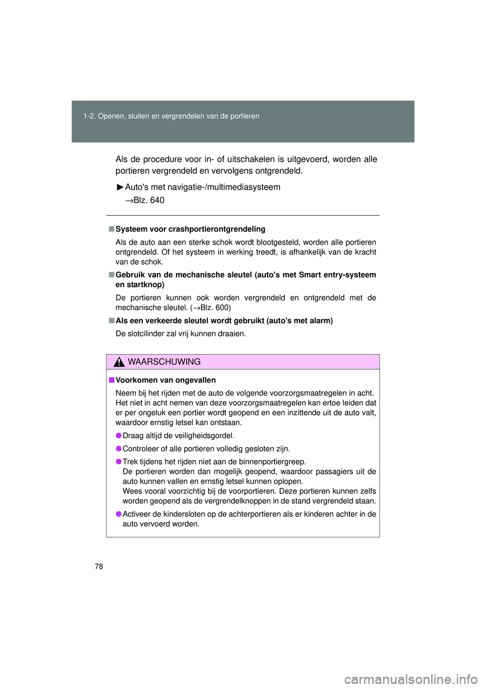 TOYOTA VERSO 2016 Instructieboekje (in Dutch) 78
1-2. Openen, sluiten en vergrendelen van de portieren
VERSO_EE_OM64590E
Als de procedure voor in- of uits
chakelen is uitgevoerd, worden alle
portieren vergrendeld en vervolgens ontgrendeld.
Autos TOYOTA VERSO 2016 Instructieboekje (in Dutch) 78
1-2. Openen, sluiten en vergrendelen van de portieren
VERSO_EE_OM64590E
Als de procedure voor in- of uits
chakelen is uitgevoerd, worden alle
portieren vergrendeld en vervolgens ontgrendeld.
Autos