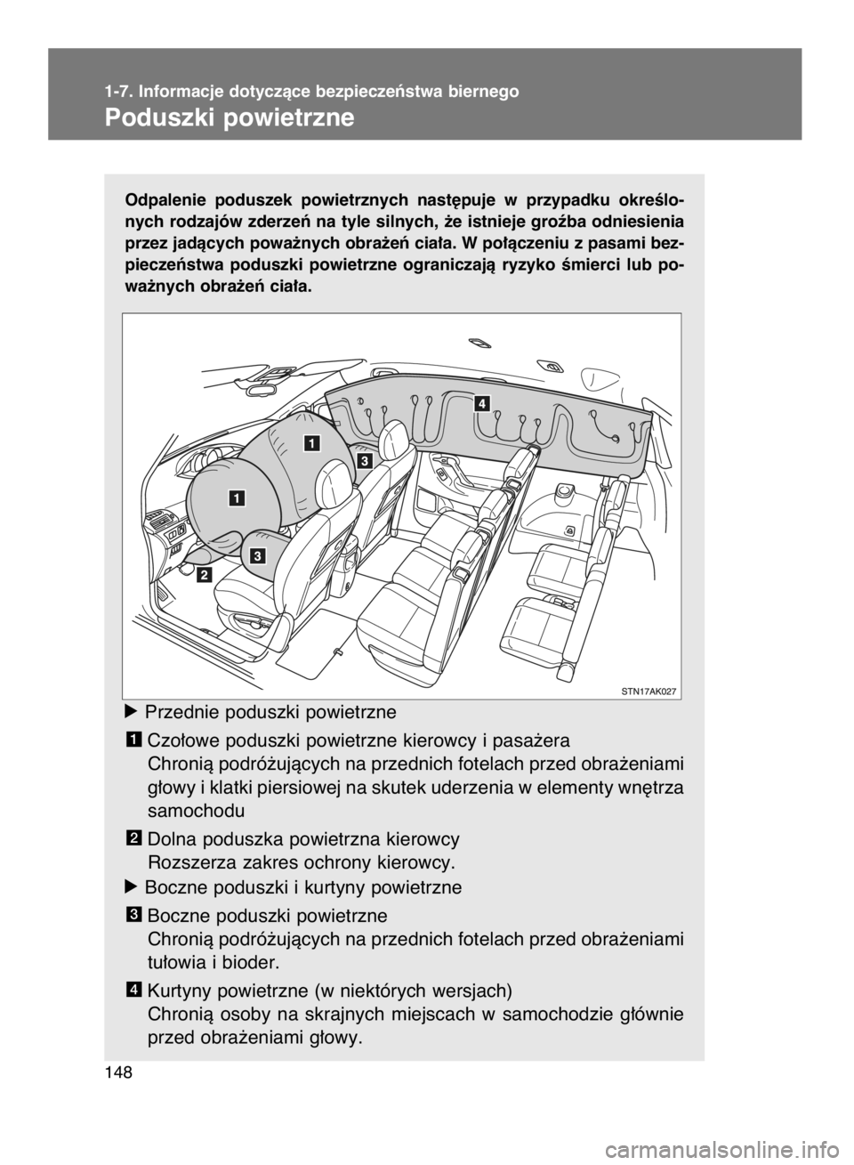 TOYOTA VERSO 2016 Instrukcja obsługi (in Polish) 1-7. Informacje dotyczàce bezpieczeƒstwa biernego
Poduszki powietrzne
148Odpalenie poduszek powietrznych nast´puje w przypadku okreÊlo-
nych rodzajów zderzeƒ na tyle silnych, ˝e istnieje g TOYOTA VERSO 2016 Instrukcja obsługi (in Polish) 1-7. Informacje dotyczàce bezpieczeƒstwa biernego
Poduszki powietrzne
148Odpalenie poduszek powietrznych nast´puje w przypadku okreÊlo-
nych rodzajów zderzeƒ na tyle silnych, ˝e istnieje g