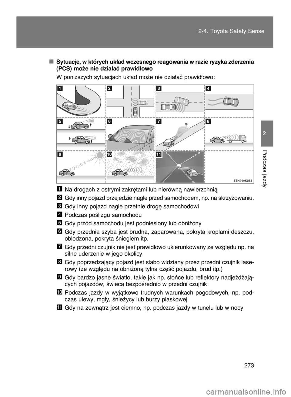 TOYOTA VERSO 2016 Instrukcja obsługi (in Polish) Sytuacje, w których uk∏ad wczesnego reagowania w razie ryzyka zderzenia
(PCS) mo˝e nie dzia∏aç prawid∏owo
W poni˝szych sytuacjach uk∏ad mo˝e nie dzia∏aç prawid∏owo:
Na drogach z ostr TOYOTA VERSO 2016 Instrukcja obsługi (in Polish) Sytuacje, w których uk∏ad wczesnego reagowania w razie ryzyka zderzenia
(PCS) mo˝e nie dzia∏aç prawid∏owo
W poni˝szych sytuacjach uk∏ad mo˝e nie dzia∏aç prawid∏owo:
Na drogach z ostr