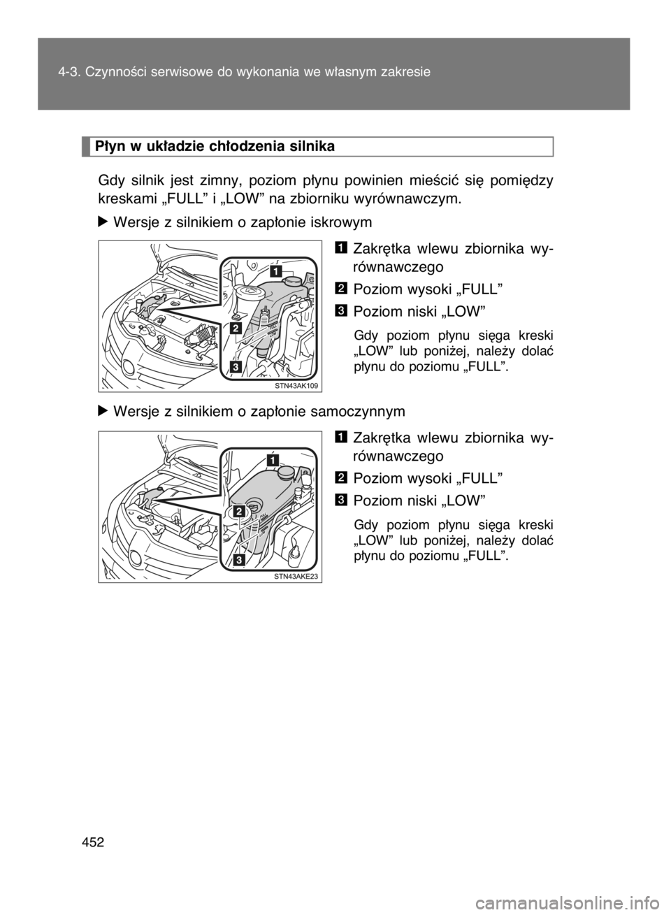 TOYOTA VERSO 2016  Instrukcja obsługi (in Polish) Gdy  silnik  jest  zimny,  poziom  p∏ynu  powinien  mieÊciç  si´  pomi´dzy
kreskami „FULL” i „LOW” na zbiorniku wyrównawczym.
ó Wersje z silnikiem o zap∏onie iskrowym
Zakr´tka  wlew