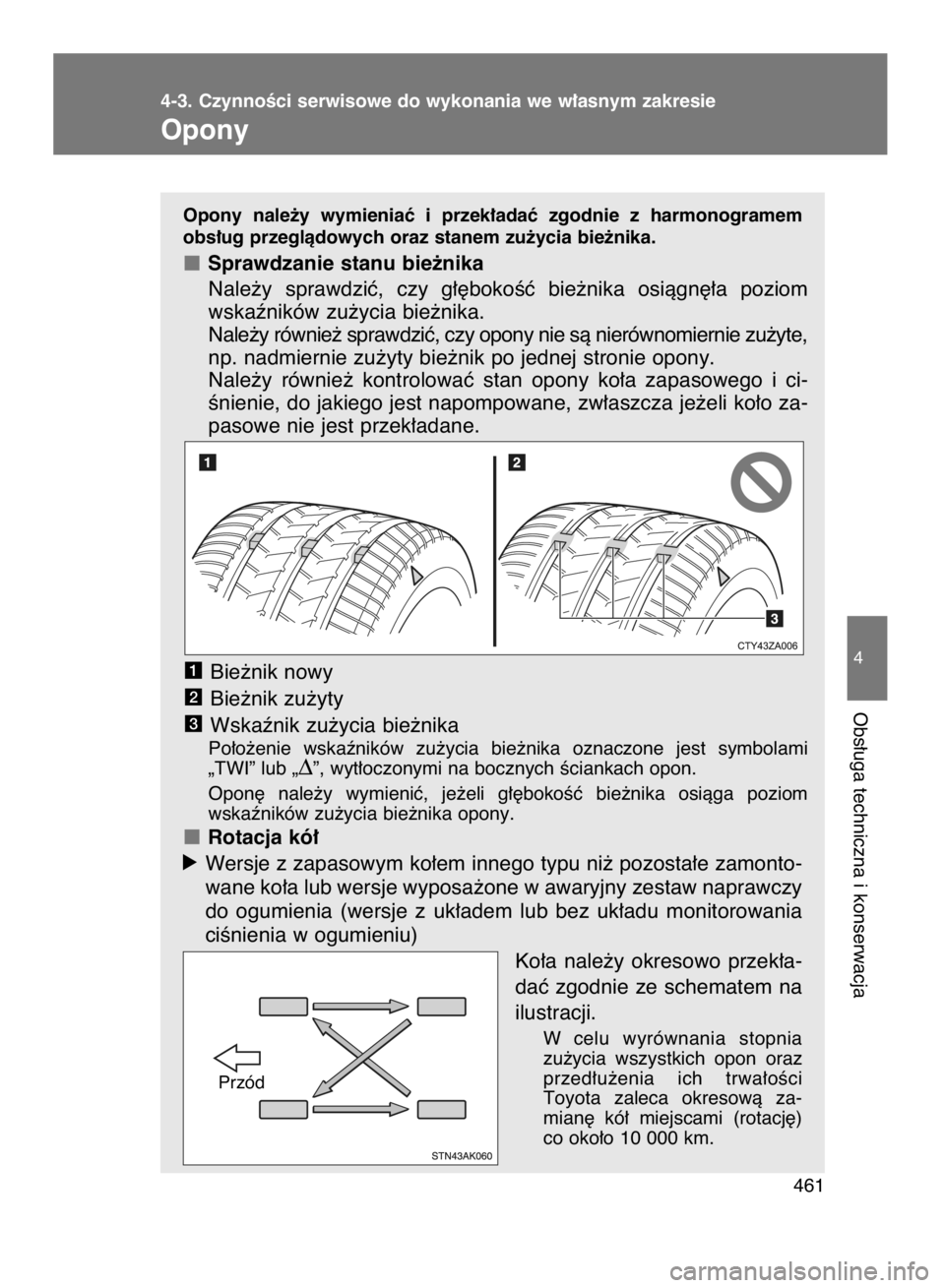 TOYOTA VERSO 2016 Instrukcja obsługi (in Polish) Opony nale˝y wymieniaç i przek∏adaç zgodnie z harmonogramem
obs∏ug przeglàdowych oraz stanem zu˝ycia bie˝nika.
Sprawdzanie stanu bie˝nika
Nale˝y sprawdziç, czy g∏´bokoÊç b TOYOTA VERSO 2016 Instrukcja obsługi (in Polish) Opony nale˝y wymieniaç i przek∏adaç zgodnie z harmonogramem
obs∏ug przeglàdowych oraz stanem zu˝ycia bie˝nika.
Sprawdzanie stanu bie˝nika
Nale˝y sprawdziç, czy g∏´bokoÊç b