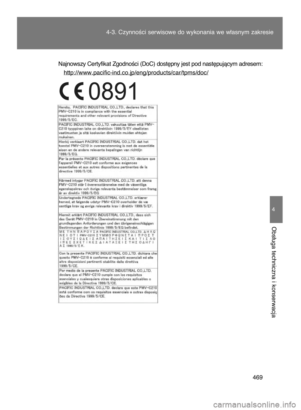 TOYOTA VERSO 2016  Instrukcja obsługi (in Polish) Najnowszy Certyfikat ZgodnoÊci (DoC) dost´pny jest pod nast´pujàcym adresem:
http://www.pacific-ind.co.jp/eng/products/car/tpms/doc/
4-3. CzynnoÊci serwisowe do wykonania we w∏asnym zakresie
46