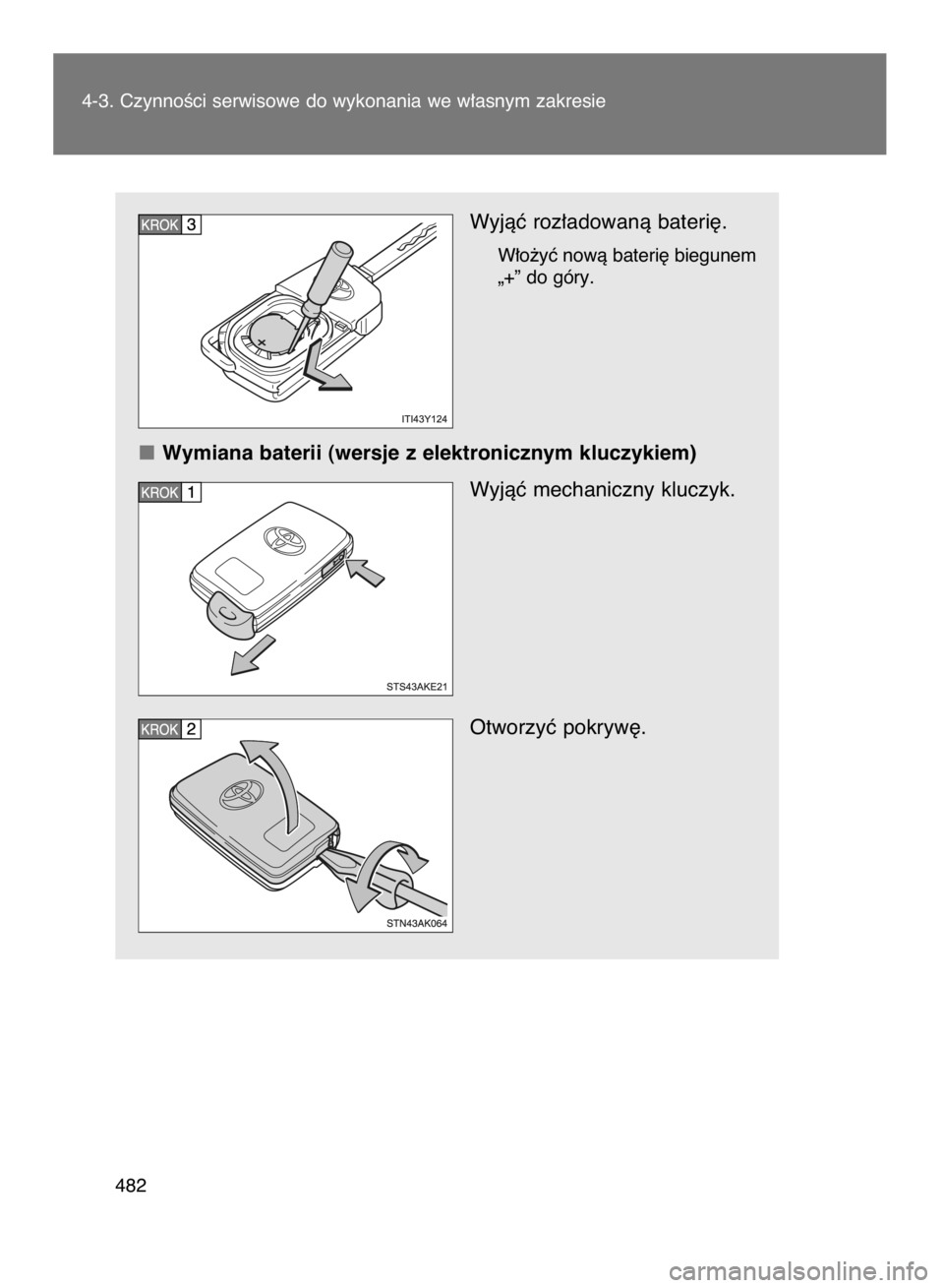 TOYOTA VERSO 2016  Instrukcja obsługi (in Polish) Wyjàç roz∏adowanà bateri´.
W∏o˝yç nowà bateri´ biegunem
„+” do góry.
Wymiana baterii (wersje z elektronicznym kluczykiem)
Wyjàç mechaniczny kluczyk.
Otworzyç pokryw´.
4-3. Czynno