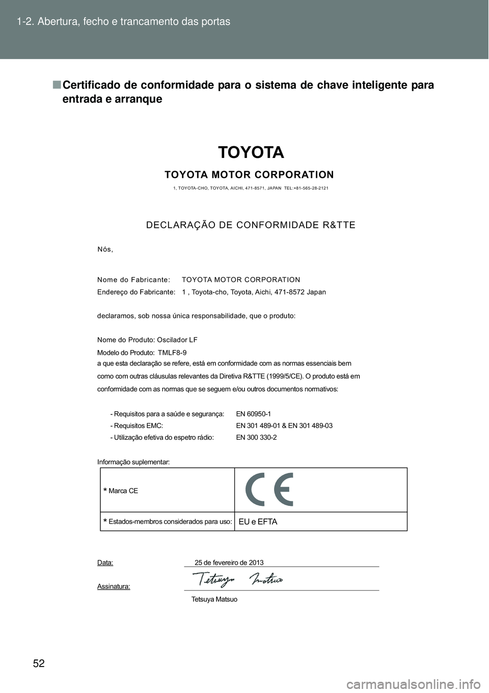 TOYOTA VERSO 2016  Manual de utilização (in Portuguese) 52 1-2. Abertura, fecho e trancamento das portas
nCertificado de conformidade para o sistema de chave inteligente para
entrada e arranque
TOYOTA
TOYOTA MOTOR CORPORATION1, TOYOTA-CHO, TOYOTA, AICHI, 4